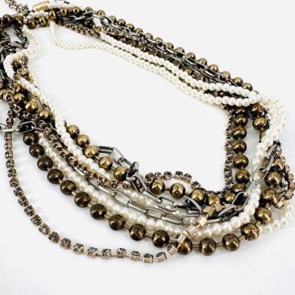 Chico’s layered rhinestone and faux pearl multi-strand two tone necklace - Picture 1 of 8